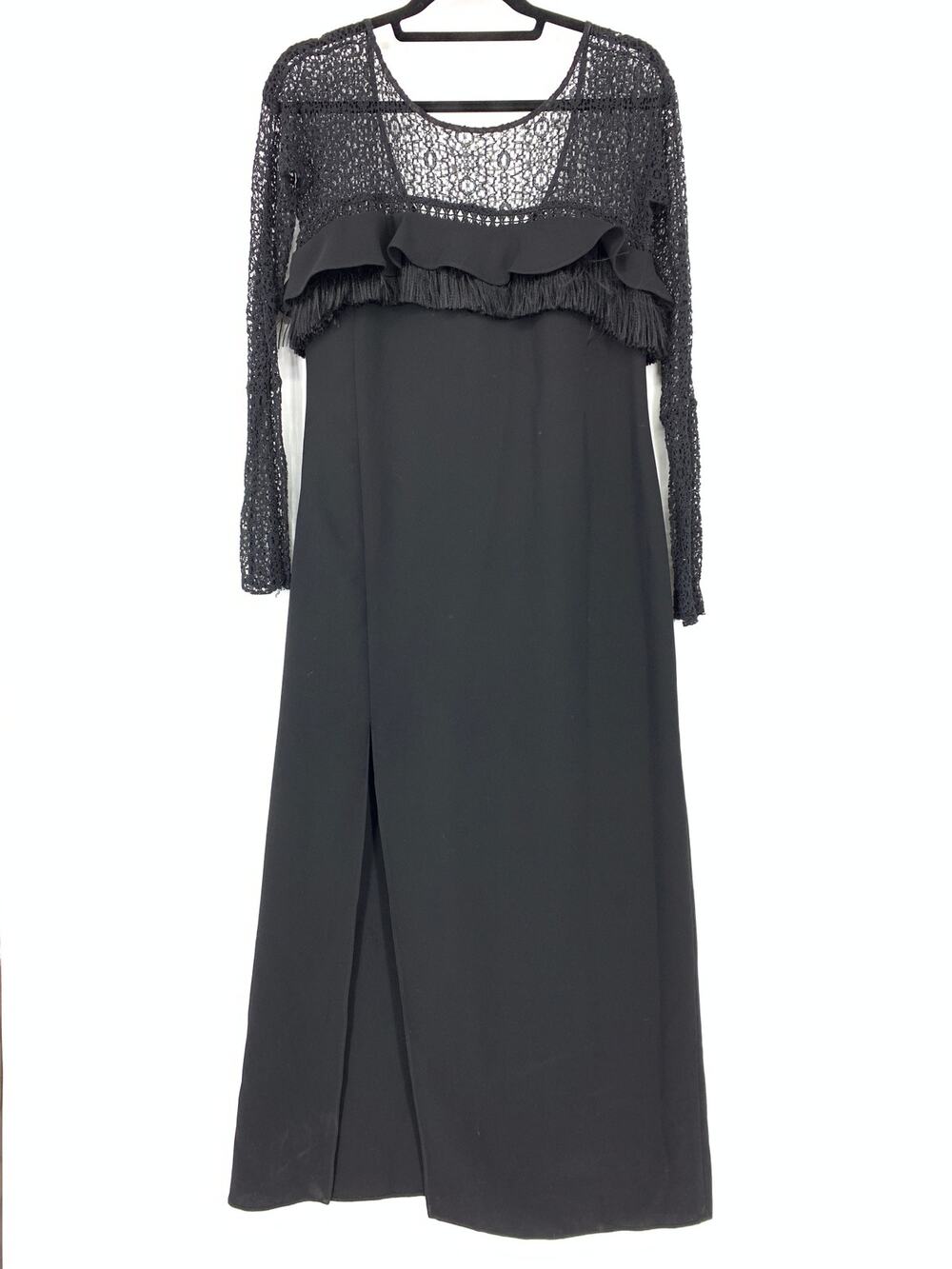 RACHEL COMEY Women's Size 4 Lace Fringe Ruffle Maxi Dress Long Sleeves Black